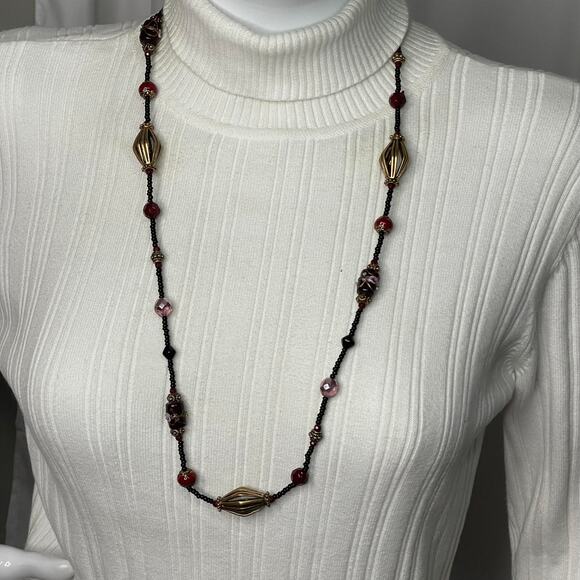 Chico's black and red beaded necklace long painted beads signed costume jewelry - Picture 1 of 14